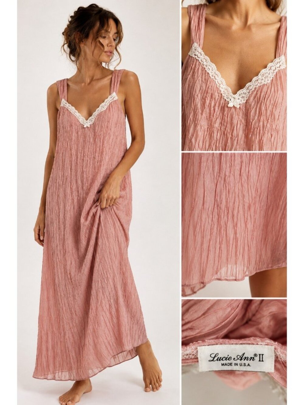 vintage LUCIE ANN II pink crinkle nightgown XL lace trim romantic cottagecore